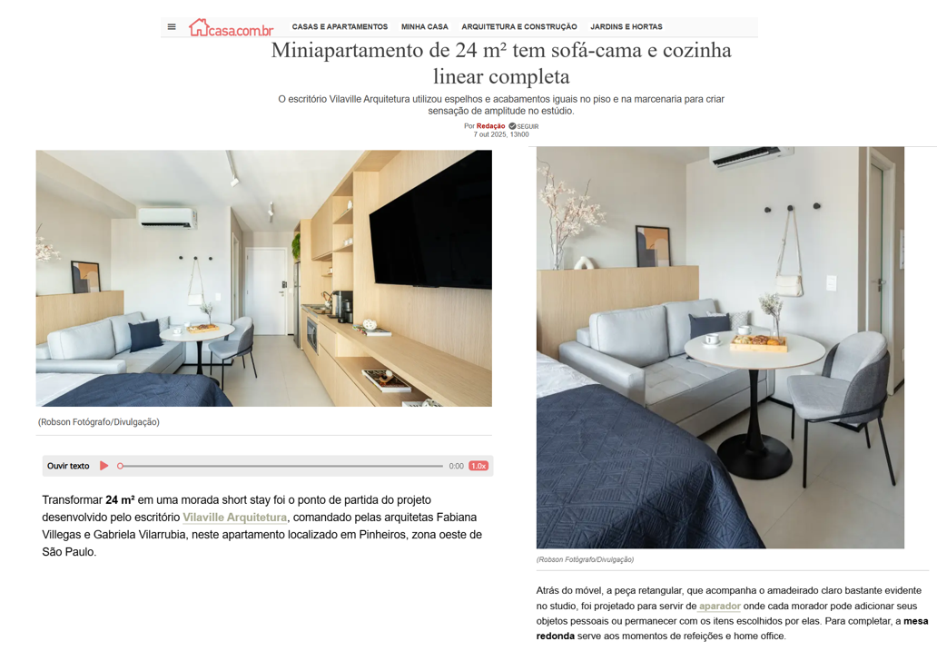Casa.com.br - Miniapartamento de 24 m² tem sofá-cama e cozinha linear completa